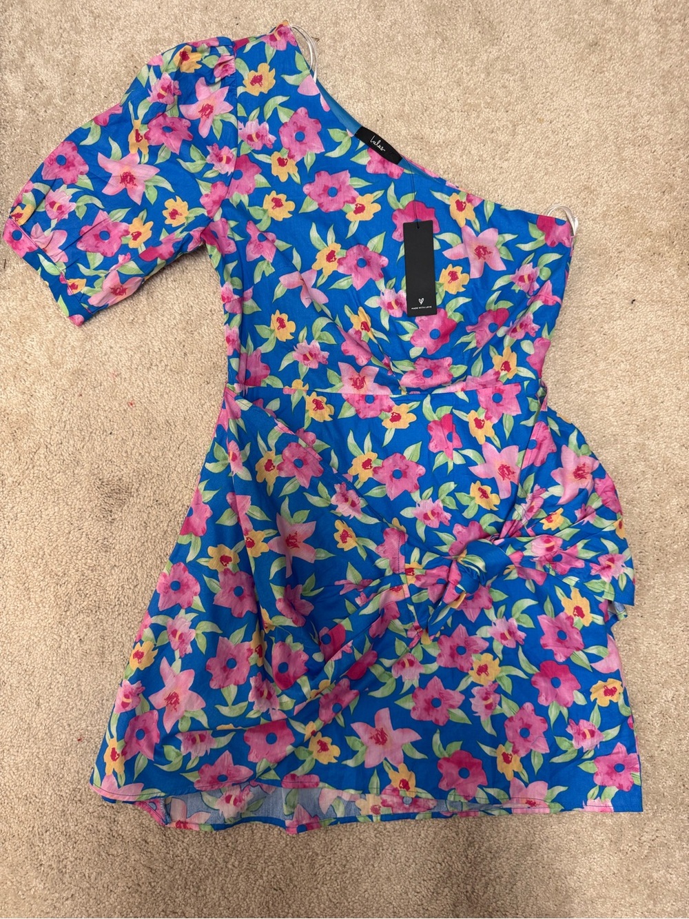 One-Shoulder Blue Floral Dress with Bow